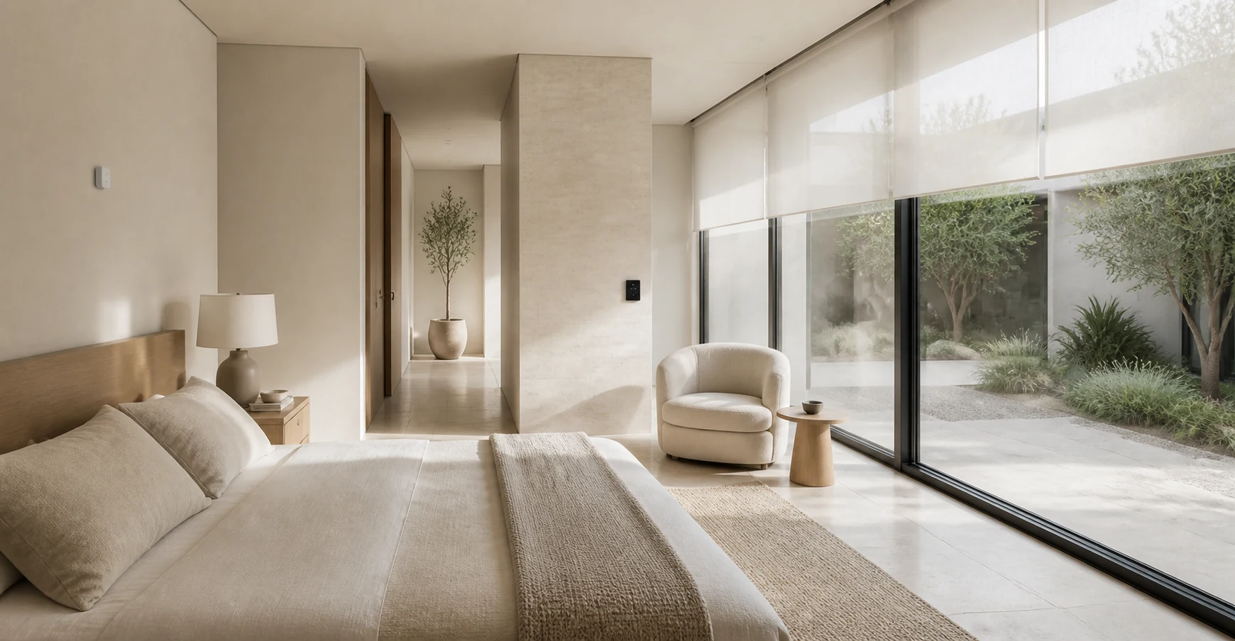 A quiet bedroom where lighting, climate, and shades are discreetly coordinated.