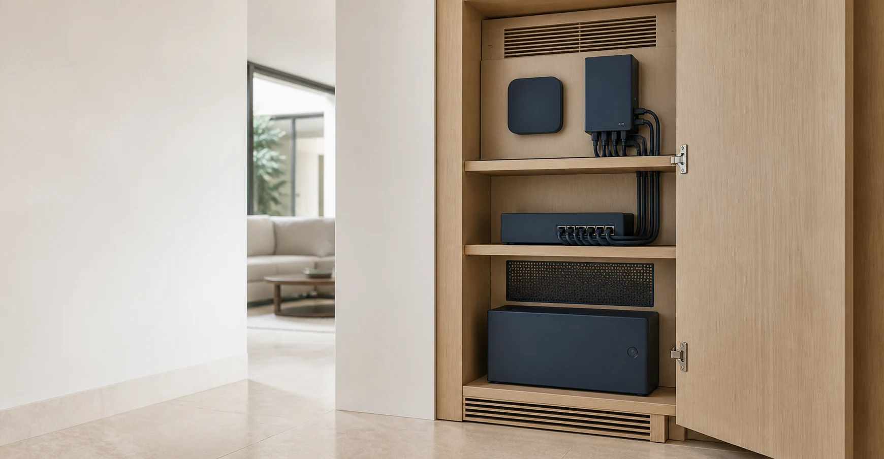 A discreet local technology core integrated into light oak cabinetry.