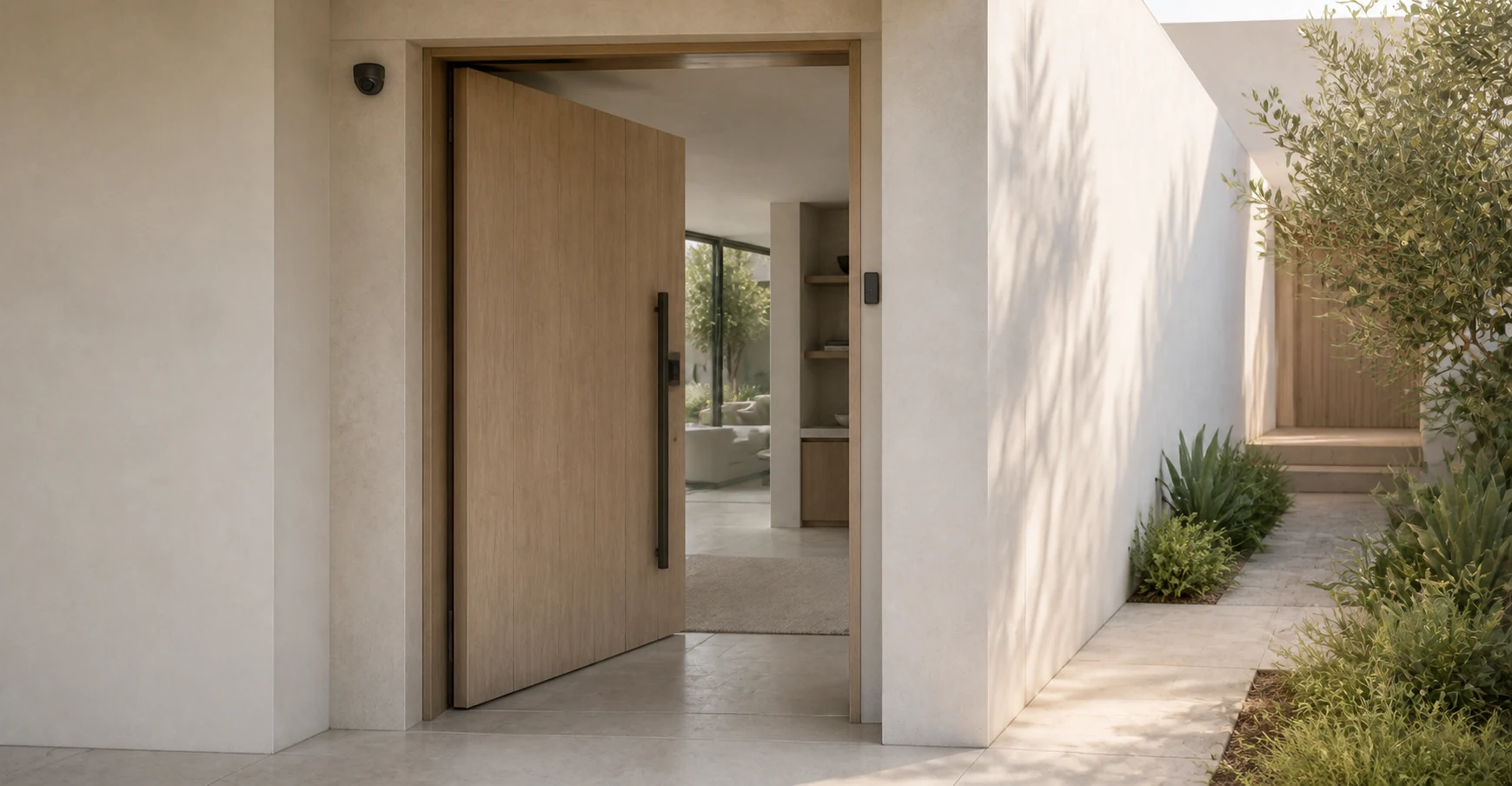 A calm residential entrance with discreet integrated security.